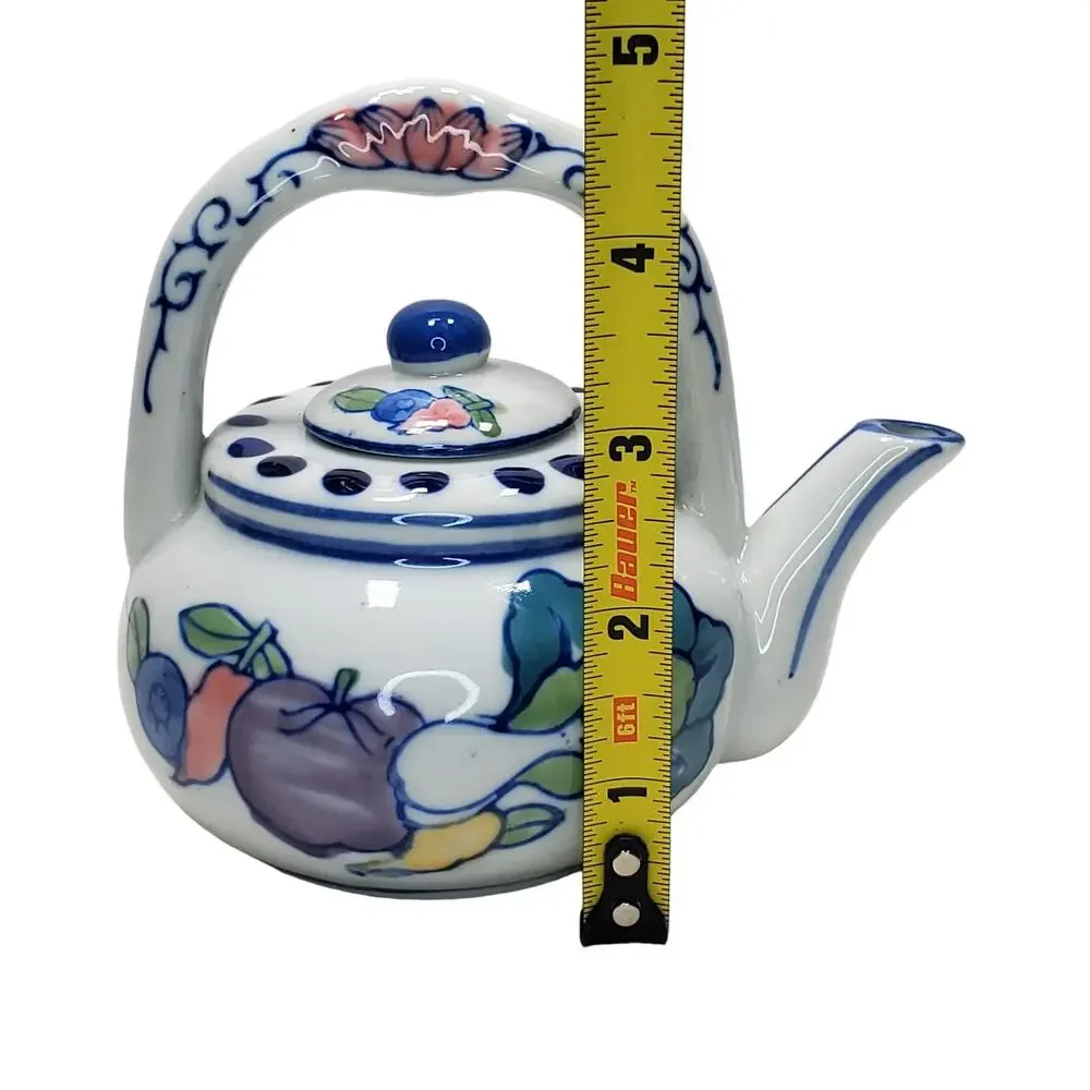 Vtg Blue & White Tea Pot Vegetables Handpainted 5 in Tall Made in China